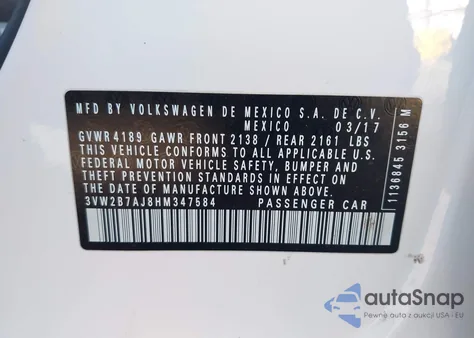 2017 Volkswagen Jetta 1.4T S z USA, uszkodzony, nr VIN 3VW2B7AJ8HM347584